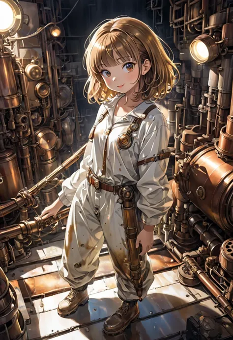 1978 anime style beauty are working, having fun, light brown bob cut, wearing loose white T-shirt, loose khaki coveralls, covered in oil stains, BREAK steampunk worldview style images, industrial area, with exposed piping, machinery, machine parts, and bri...