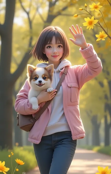 Tip: バックパックを背負ったとても魅力的な女の子とcute子犬が、beautiful黄色い花と自然に囲まれた素敵な春の外出を楽しんでいます。 (masterpiece:1.1), ( top quality:1.1),  full body,  short hair,  good anatomy , ( 1 girl:1.2), ( detailed顔と目:1.25), Alone, Japanese woman 1.3),  clevis on a stone:1.2) , looking at vi...