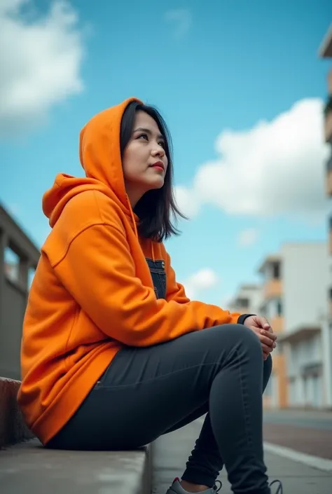 1 Malay woman weight 60 kg , blue skies, blurred background, architecture, cities , cloud, cloudy sky, sky, depth of field, hood, hooded Jacket , hoodie, jacket, side, orange hoodie, look up , a perspective view from the bottom up.  Shoes close to the came...