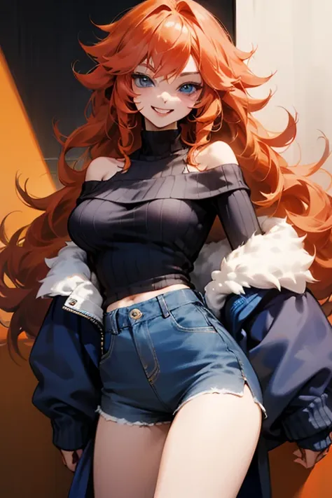 Mereoleona orange hair、grin、bangs、long hair,  cowlick at the top of the head 、Big Breasts ,blue eyes, Thighs、look at me, Anatomically Correct ,she haves fang, Line of sight, Navy blue off-shoulder sweater ,smiles,  short pants after the concert, Revealing ...