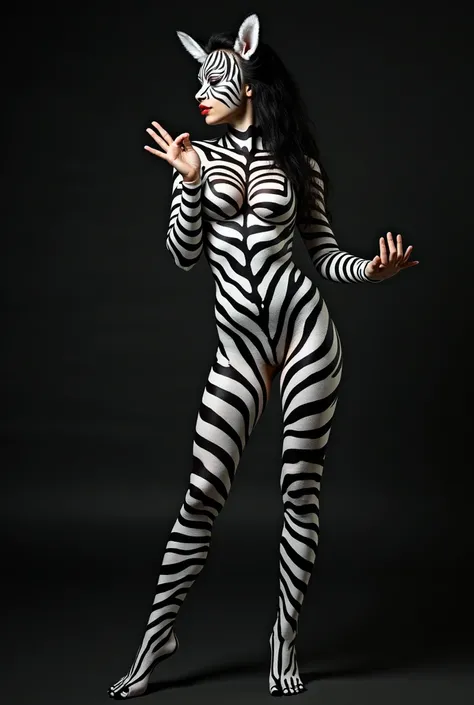 A 40 year old fluffy and petite asian fluffy woman entire body painted to look like a zebra, Posture with standing open legs , dancing sensually , alluring , sexy, pretty face , Detailed face. highly detailed, photorealistic, dramatic lighting, cinematic c...