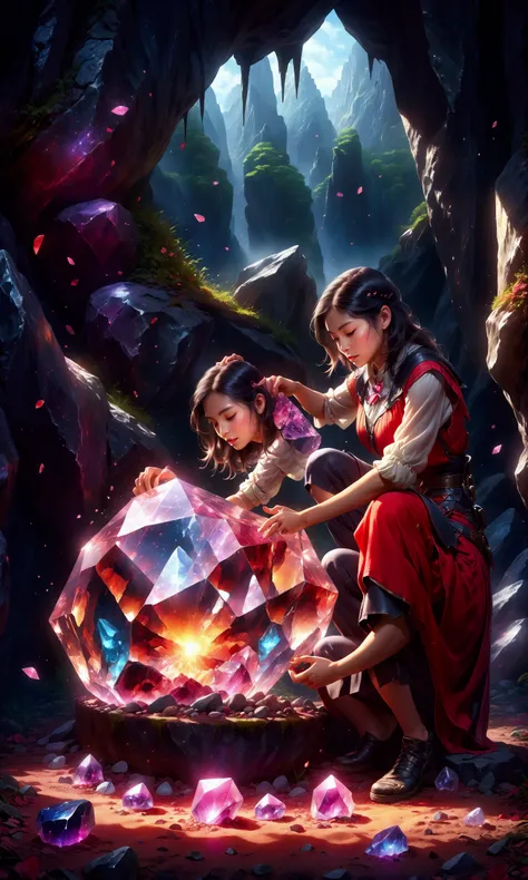 a young woman digging out a large red crystal from the ground, highly detailed, photorealistic, 8k, studio lighting, dynamic pose, digital painting, mystical atmosphere, vibrant colors, fantasy landscape, glowing crystal