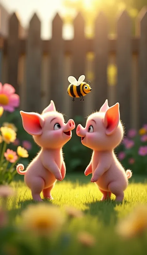 A heartwarming and cinematic scene featuring a playful piglet and an adorable bee gazing at each other in a sunny backyard garden. The piglet, with its pink, smooth skin and tiny, curled tail, stands curiously on the soft grass. The bee, plump and fuzzy wi...