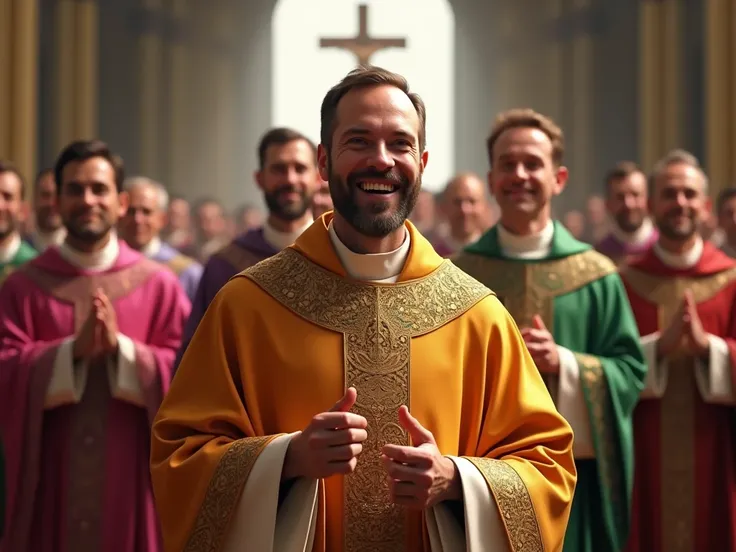 realistic image of a Catholic priest, happy,  celebrating Mass with other priests, all walking forward looking ,  with different robes of different colors behind him, with blurred cross background