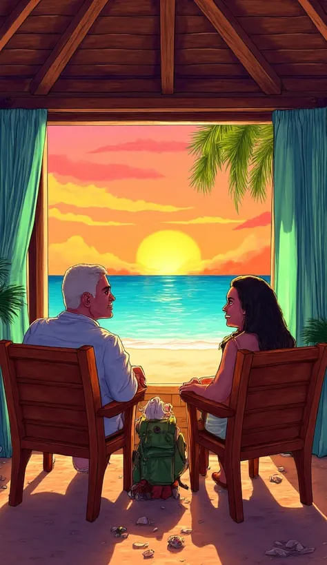 A colorful and vibrant hand-painted style image of a man and his girlfriend in a shocked expression, sitting in a cozy beach hut. The scene includes wooden furniture, flowing curtains, and tropical décor like seashells and palm fronds. Outside the open win...