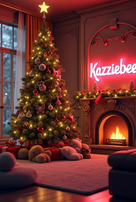 (photorealism:1.2), large xmas tree and fire place, cushions for animals
neon sign Kazziebee