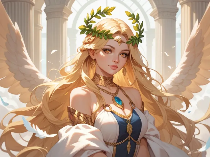 goddess, Laurel wreath, Winged, Blonde,  golden eyes,  very long hair,  turn your gaze ,  smiles,  top quality, 