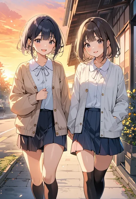 (masterpiece, best quality:1.1),Watercolor style illustration, A sidewalk at dusk in December. Two girls are walking hand in hand. She is wearing a white school blouse, cardigan, dark blue miniskirt, (and black kneehigh socks). sloppy dressing,The two appe...