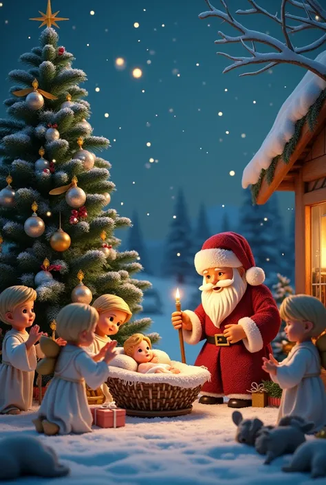 Its Christmas eve, night in snow with cute Santa Claus and cute little angels and baby jesus, Christmas tree, stars and bells, and decorations and light, violins, crib, candles, gifts, happiness and hope, white lambs and reindeers, giftboxes