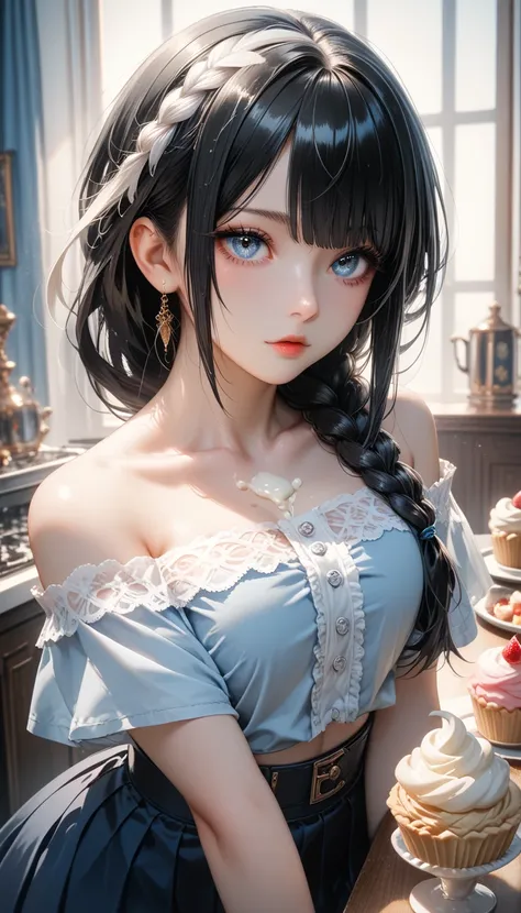 (((black hair))), long hair, braided hairstyle, ((white hair at the end)), ((right parting of bangs)), light blue eyes, beautiful eyes, black off-the-shoulder short sleeves, navy blue long skirt, teahouse background, hot cream,