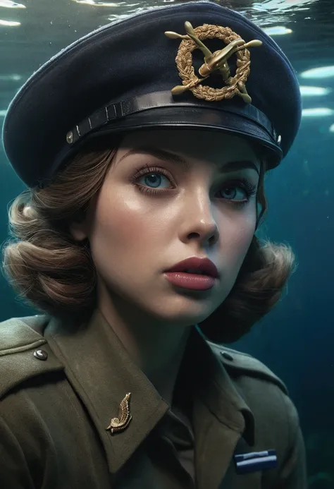 A WAAF aircraftwoman with a beret, beautiful detailed eyes, beautiful detailed lips, extremely detailed face, long eyelashes, realistic underwater pose, drowning, cinematic lighting, dramatic atmosphere, muted tones, photorealistic, 8k, masterpiece, award-...