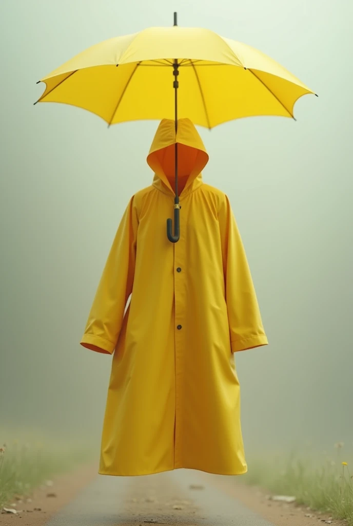  Create an image of a yellow raincoat holding an umbrella.  It must look like the raincoat is being worn by someone , but it must be empty .
