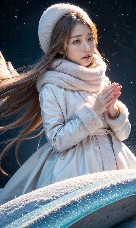 (    When she casts a spell ,  legendary ice pigeons appear around the sky 、 Magic Rim 、staring at something、diamond dust flutters、クリーム色のhair、   Heavy snowfall area      、   Snow is falling   、    blue eyes、    blue eyes、white winter clothes    、  gazing u...