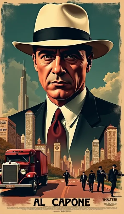  An artistic and cinematic collage that portrays the legacy of Al Capone ,  combining key moments of his life in a epic . to the center,  a dominant portrait of Capone wearing his iconic white hat and impeccable outfit,  looking with a mixture of power and...