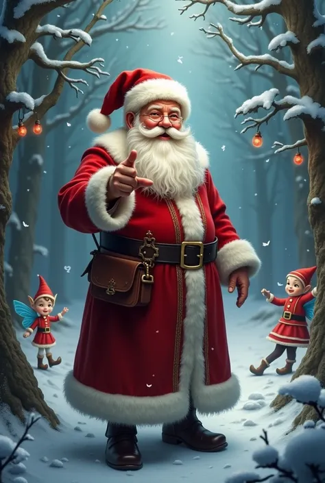 generate a picture:  against the background of a magical forest with fairies and elves, Russian Santa Claus stands, smiles good-naturedly, tingles with an arms outstretched hand into the screen with his finger 