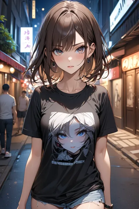 (Best quality, High resolution, Masterpiece :1.3), A pretty woman, Slender figure, Dark brown hair, T-shirt, (Street in city at night), Highly detailed face and skin texture, Detailed eyes, Double eyelid