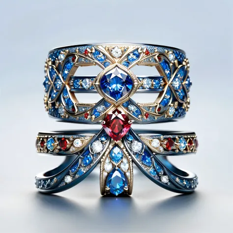 masterpiece, top quality,( Nothing but the ring ),(no one),With a phoenix, starry sky , exquisite,戒指中的 starry sky ,luster,Invert image,Sparkling red, white, and blue gemstones,Elegant and noble, The magical pattern on it emits a Tyndall effect light, It sh...