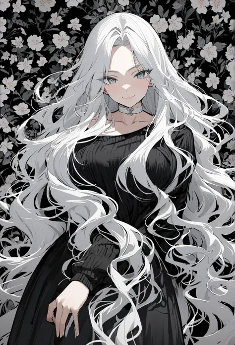 ((sexy-style)), masterpiece, newest, floral background, romance manhwa, 1girl, white hair, solo, long hair, white choker, grey eyes, black sweater, skirt, wavy hair, looking at viewer, indoor, upper body, parted bangs, very long hair, bangs, closed mouth, ...