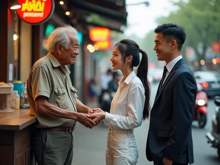 The photo depicts an old Asian man, thin and haggard, standing in front of a counter. He is wearing a faded shirt and ripped pants, holding a card or some kind of paper in his hand. His face shows fatigue and worry. Opposite him is a beautiful young Asian ...