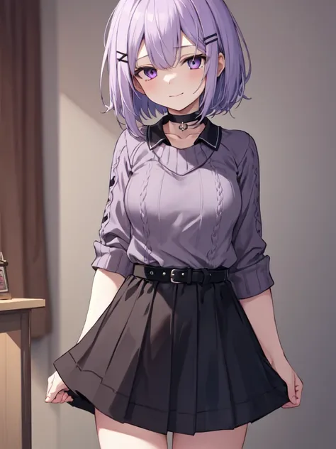  1 girl, solo, Purple Hair,  bob hair, Beautiful breasts, medium chest ,Red knit, black skirt, black choker ,Black belt, hair clip,Slanted Eyes, Light purple eyes, close your mouth, uneasy smile, is worried , standing, high definition ,  simple background,...