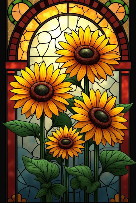 Stained glass window with sunflower flowers 