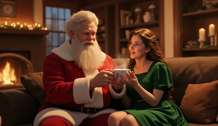 Santa and Mrs. Claus sharing a cup of hot cocoa in their cozy, candlelit living room. 16k