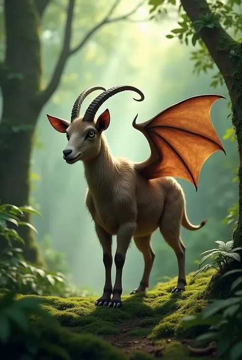 

Prompt for Hybrid Goat-Bat in the Same Forest:
"A realistic hybrid creature combining features of a goat and a bat in a lush forest setting. The creature has a goat-like body with textured fur, curved horns, and cloven hooves, seamlessly blended with bat...