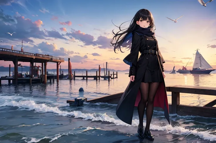 High image quality, high resolution, smooth gradation, vivid colors, A pier in the harbor, fishing boats and a flock of seagulls, people working, a girl with the collar of her large coat turned up to withstand the wind,, a scarf, a black cloak, a black stu...