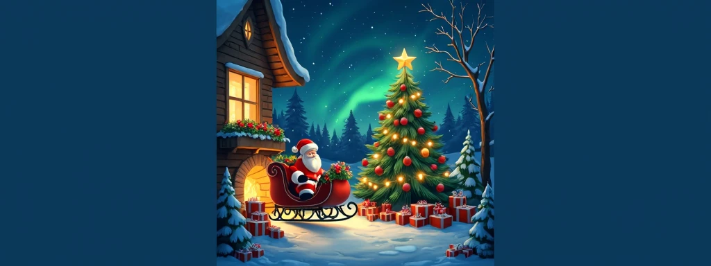 Christmas HD Wallpaper, santa claus cartoon, riding, Decorated Christmas tree, There are some presents piled around ，Snowfall,  Beautiful night scene , Winter wonderland，aurora， The room where the window is supposed to be illuminated by Christmas tree ligh...