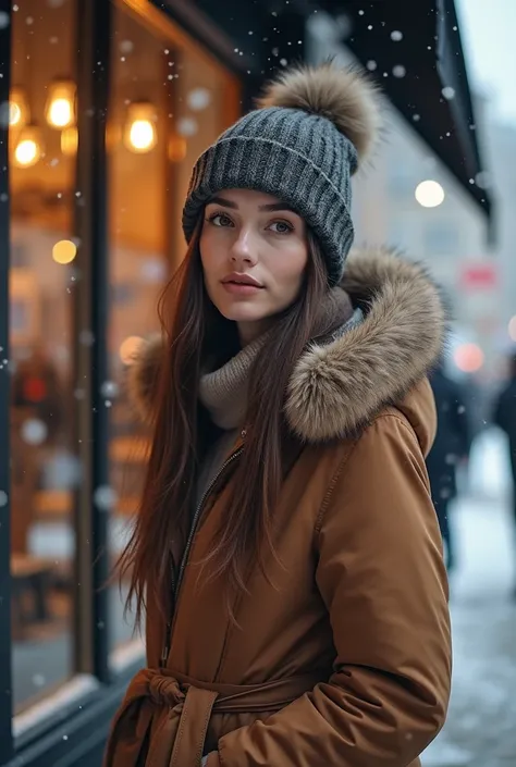 Winter afternoon, falling snow, beautiful woman in casual winter clothes looking inside a shop. Description: Photorealistic, Masterpiece, Top quality, RAW photo, Solo, Semi long hair, Brown hair, Detailed face, Attractive face, Dynamic pose.