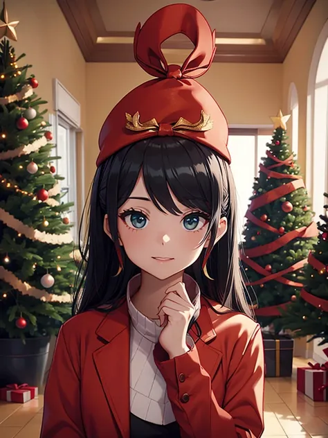 1woman, wearing a Christmas outfit with a red Christmas hat and jacket, near a indoor Christmas tree, Christmas winter season, black colour hair, 8k, high detailed, high quality, high accuracy