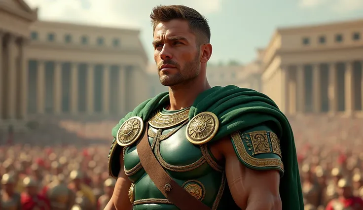 roman general ,  using war suit,  green suit , handsome, strong,  looks full body 