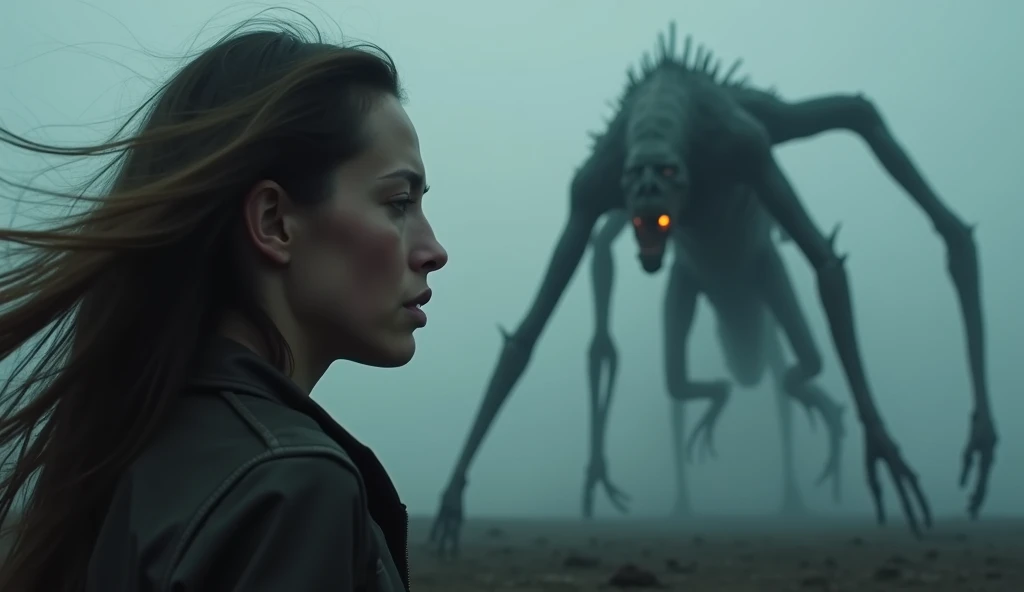  A terrified woman in a bleak, dark landscape ,  facing a monster inspired by the movie Elevation  (2024).  The monster looks terrifying and extraterrestrial , with long, twisted limbs , scaly skin,  and bright eyes that seem to pierce the darkness .  The ...