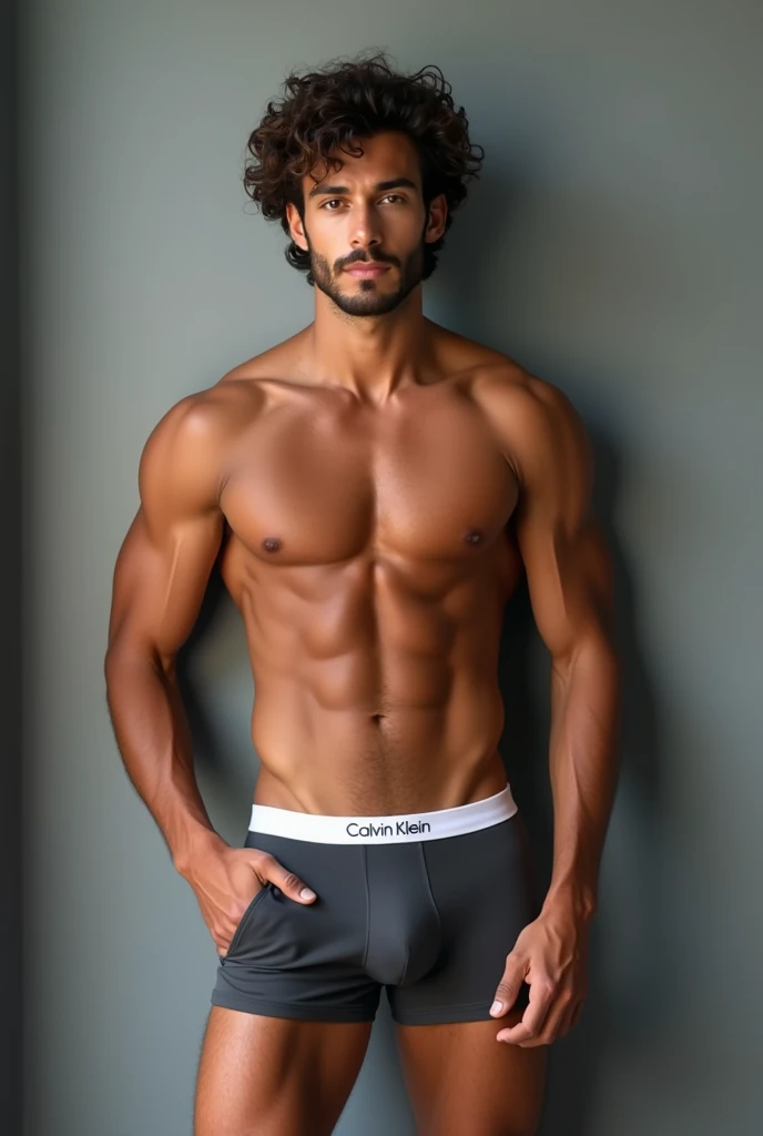 Handsome bermuda, Guy, Photoshoot, Shirtless, Abs, Wearing Calvin Klein" Underwear, Detailed Face, Detailed, Detailed Skin, Highly Detailed, Ultra HD, Handsome Face, Standing, Grey wall background, Full Body, posing, look to the camera, Brown Skin, Brown C...