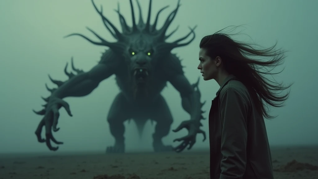  A terrified woman in a bleak, dark landscape ,  facing a monster inspired by the movie Elevation  (2024).  The monster looks terrifying and extraterrestrial , with long, twisted limbs , scaly skin,  and bright eyes that seem to pierce the darkness .  The ...