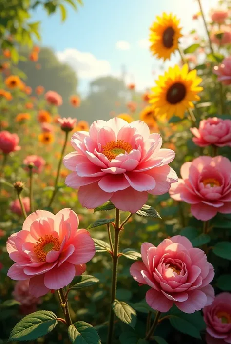 A highly detailed and realistic photo of a lush garden overflowing with vibrant, colorful flowers, including blooming peonies, roses, and sunflowers. The flowers are set against a warm, sunny backdrop with a clear blue sky. The flowers are surrounded by lu...