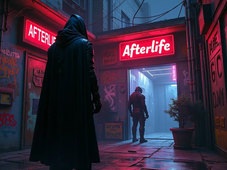  dark atmosphere ,  futuristic cyberpunk night city,  dark alley with lots of signs ,  bar entrance with a neon hot pink sign "AFTERLIFE", man in cape and cyborg at the entrance , graffiti on the wall, neon interior ,  entrance to the dark hallway