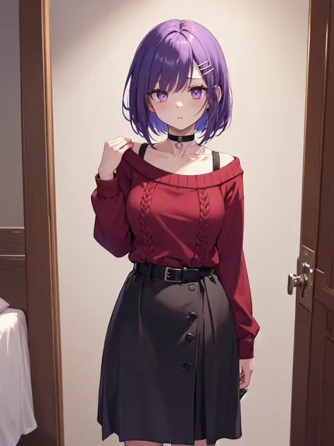  1 girl, solo, Purple Hair,  bob hair, Beautiful breasts, medium chest ,Red knit, black skirt, black choker ,Black belt, hair clip,Slanted Eyes, Light purple eyes, close your mouth, is worried , standing, high definition ,  simple background, bedroom, top ...