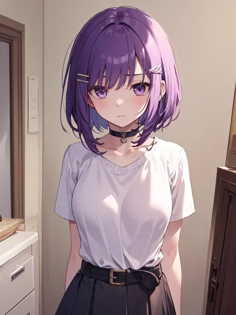  1 girl, solo, Purple Hair,  bob hair, Beautiful breasts, medium chest ,Red knit, black skirt, black choker ,Black belt, hair clip,Slanted Eyes, Light purple eyes, close your mouth, is worried , standing, high definition ,  simple background, bedroom, top ...