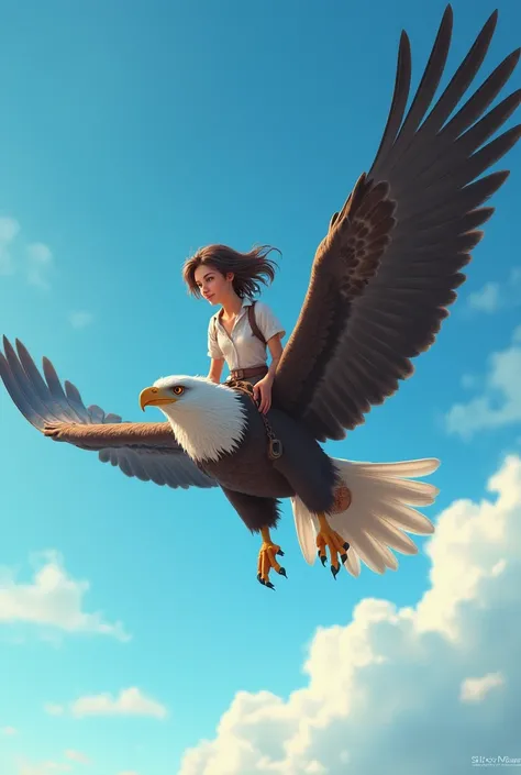 make me a photo of a girl with a short hair riding at the back of a flying eagle with nice blueskies