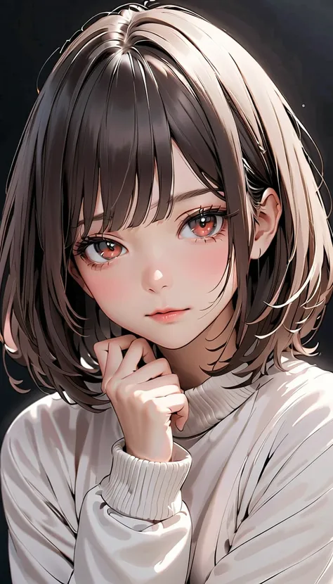 "A 20s woman with a bob cut in dark brown, wearing a fitted grey tight skirt and a plain white sweater, her glowing red face expressing shyness, placed against a pure white background."

