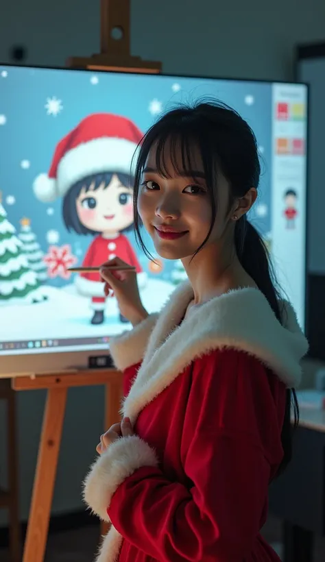 ultra-realistic, photorealistic, dramatic scene, shadow, global-illumination, solo, (20 years old asian famous idol girl:1.5), wearing Christmas santa dress, very beautiful fragile asian girl, very beautiful with very cute but boyish cool face, she is Japa...