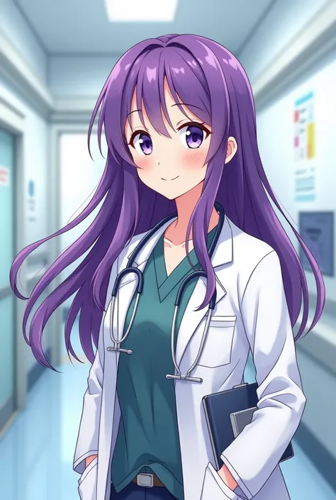 Anime girl with purple hair and become a doctor.