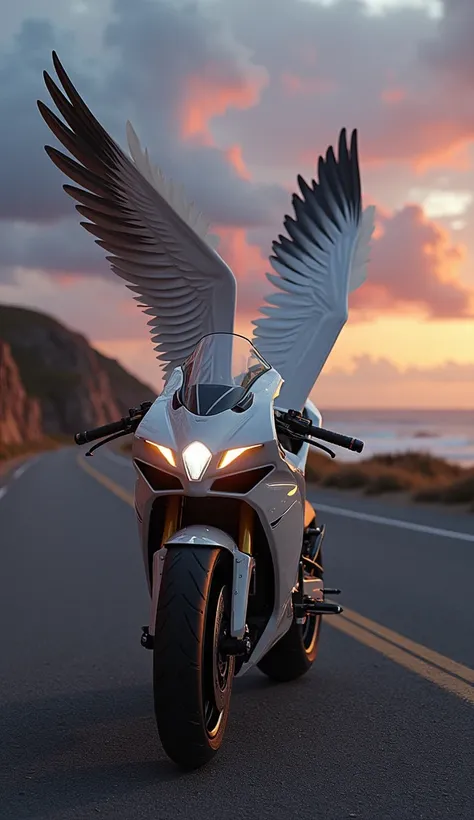 "Create a 4K ultra-realistic hybrid design combining the features of a wandering albatross and a sport bike. The bikes body should incorporate the birds sleek feather patterns, with extended wing-like structures blending seamlessly into the bike’s aerodyna...