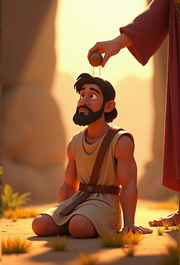 David kneeling as a hand pours oil from a small clay jar onto his head, the oil glistening under the sunlight. His tunic has a more royal appearance, symbolizing his chosen status, 3d animation, disney pixar