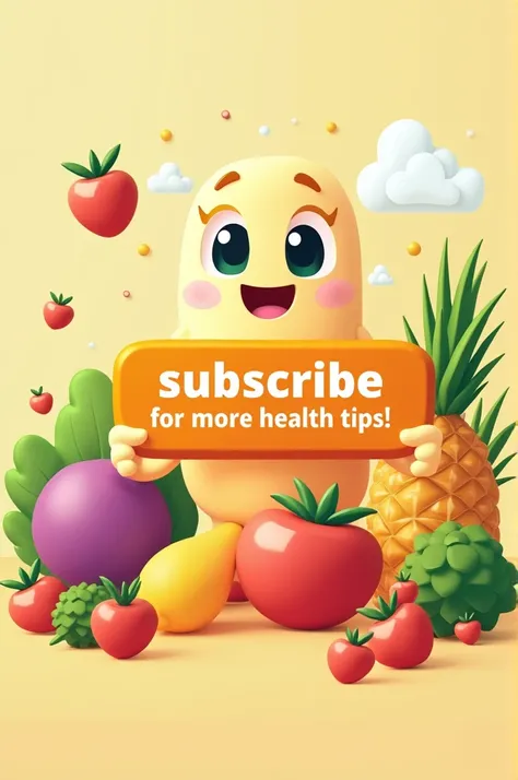 A friendly and inviting subscribe button with text: Subscribe for more health tips! alongside icons of healthy foods."