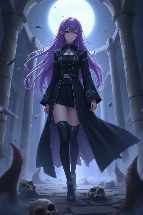 anime,  beautiful woman ,  long and extended purple hair ,  shiny gray eyes ,  beautiful body,  black clergymans tunic with silver edges and gray details,  long boots with high heels in black with gray ,  dark light around him , mist at his feet ,  skull a...