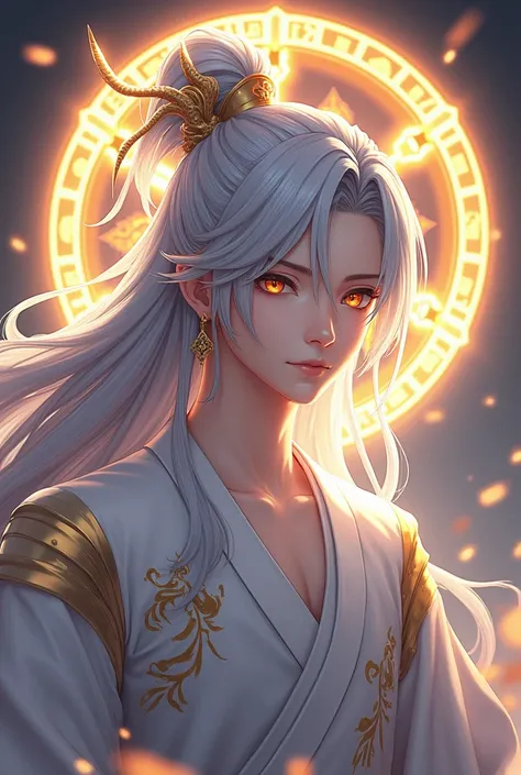 Full body image, handsome young protagonist xianxia,long silver hair, accessories like mini claw on hair,handsome face,golden amber eyes ((make eyes like realityl)),calm and  cool aura ,at back head is god circle with immortal rune((the color is combinatio...