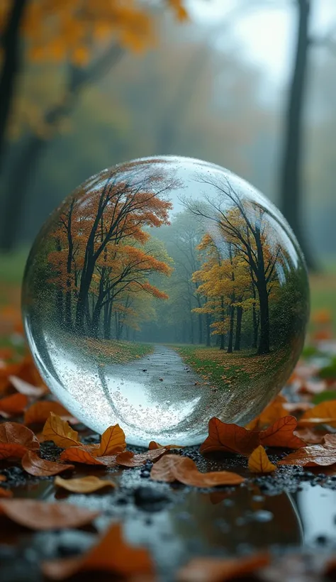 UHD, 8K, 3d, masterpiece, ultra-realistic, realistic background. The world inside a glass ball. Rainy autumn park.