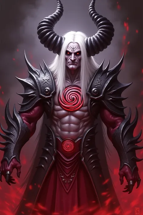 Name: Xarthor ,  the Dark Lord

Appearance :
 - Extremely pale skin ,  almost ghostly
- Long white hair ,  symbols and runes that move as if they were alive
- It has two long black horns that protrude from its forehead ,  curled like claws
- Your eyes are ...